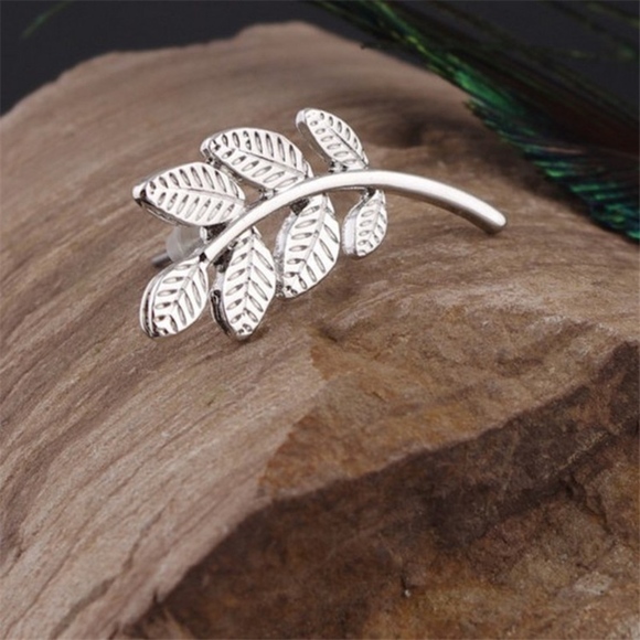 Silver Leaf & Branch Studs Ear Crawler Earrings - Picture 6 of 6